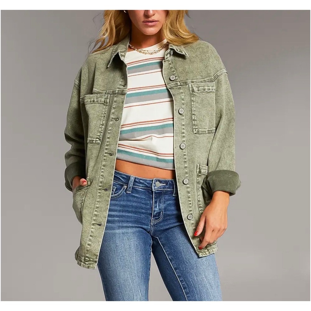 BKE Women's Washed Denim Barn Stretch Green Denim Jacket Size XL